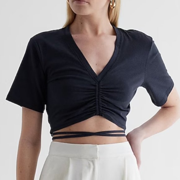 NWT V-Neck Ruched Strappy Tie Cropped Tee~Large. - Picture 4 of 4